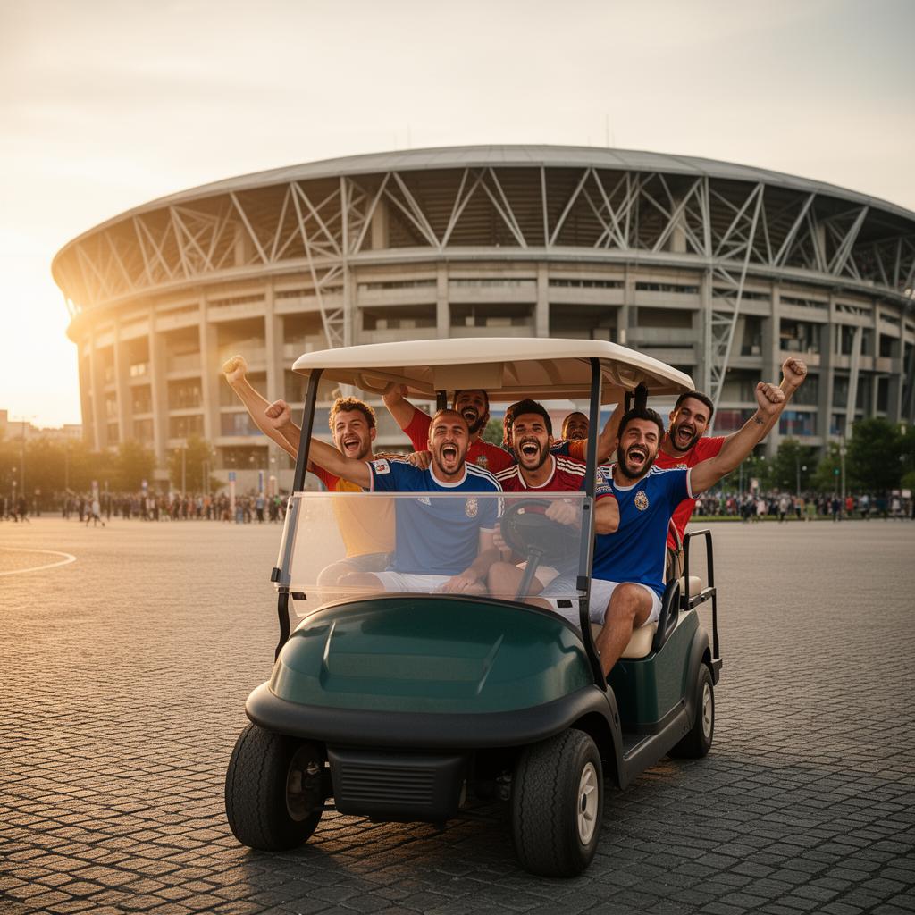 Group of friends cheering as they ride a golf cart to a stadium