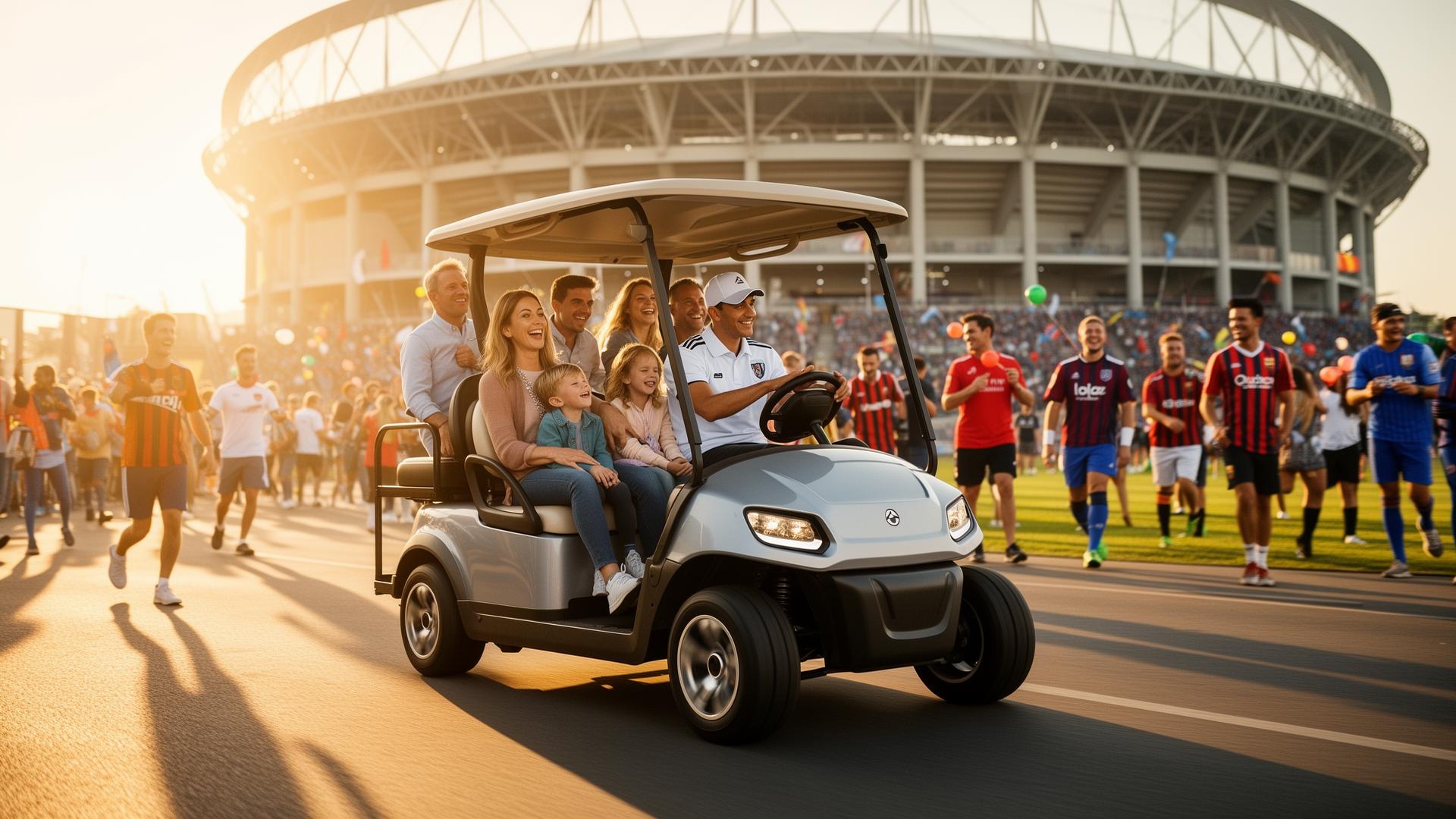 Happy passengers riding a Curbside Carts golf cart toward a stadium on event day